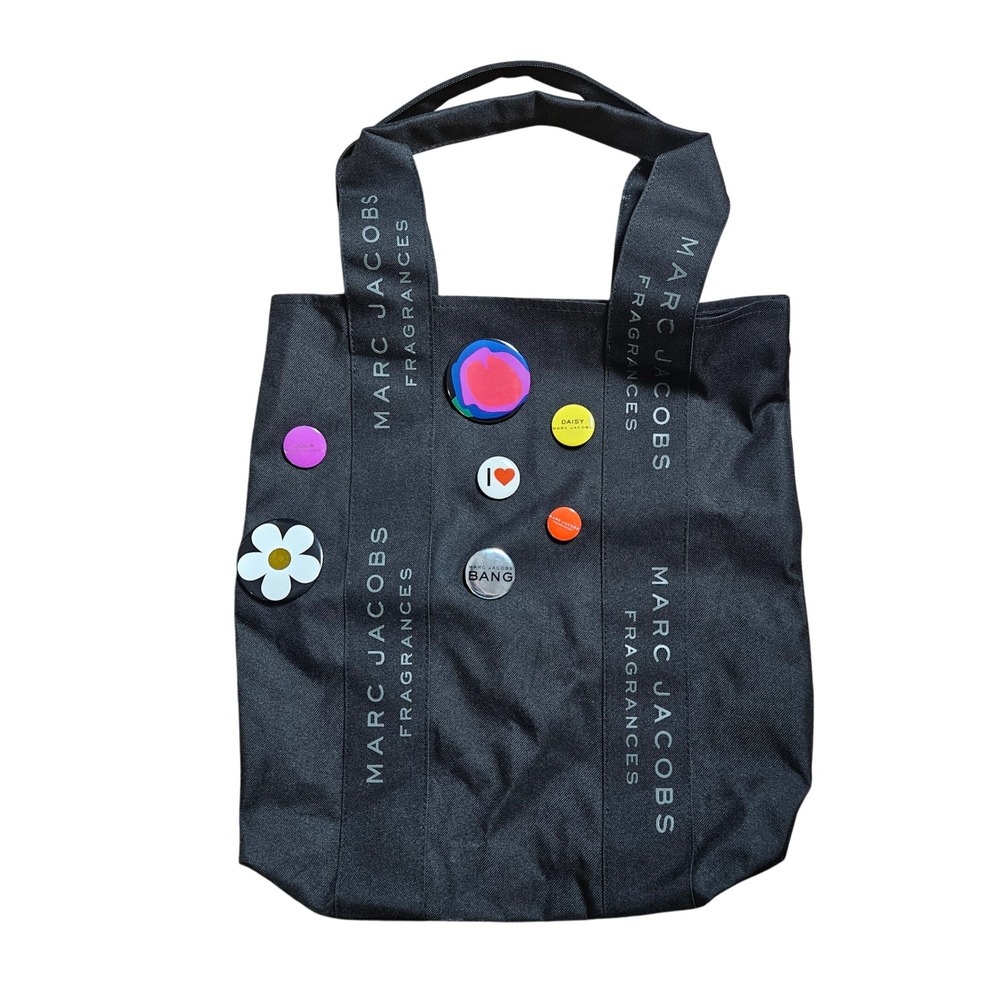 Marc Jacobs Fragrances Canvas Shopper Tote Bag Purse with Multicolor Pins Black